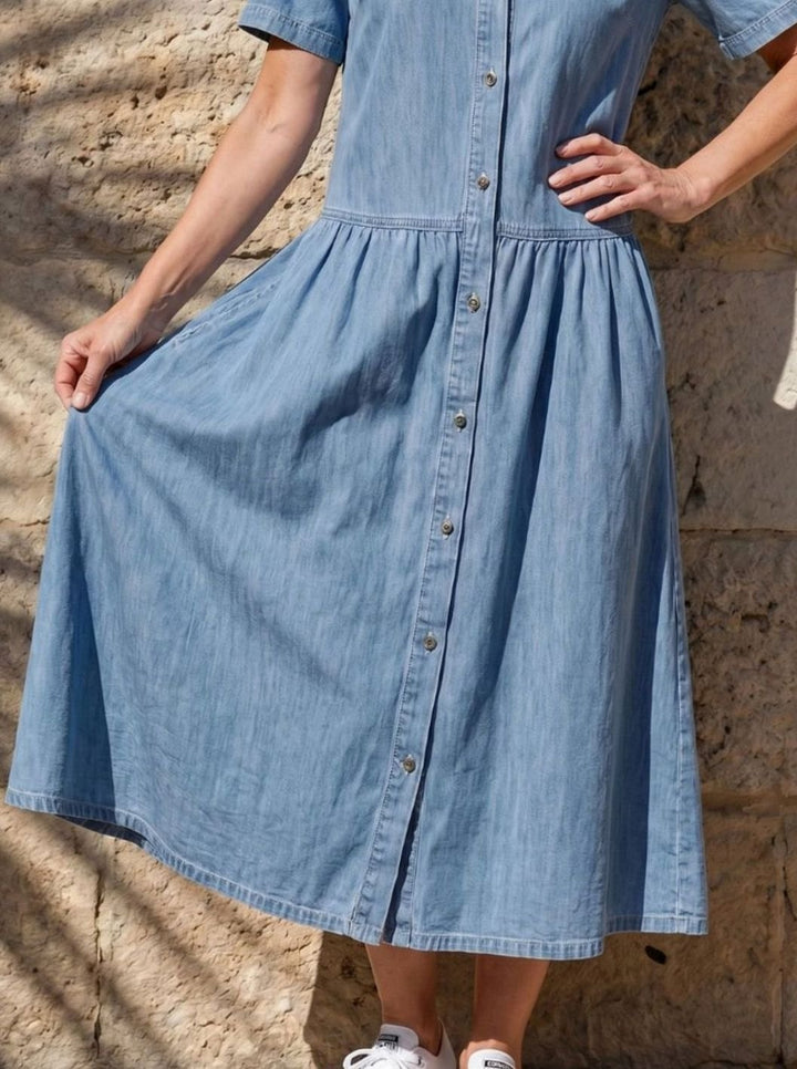 Women's Gathered-Waist Button-Through Denim Midi Shirt Dress, Light Blue