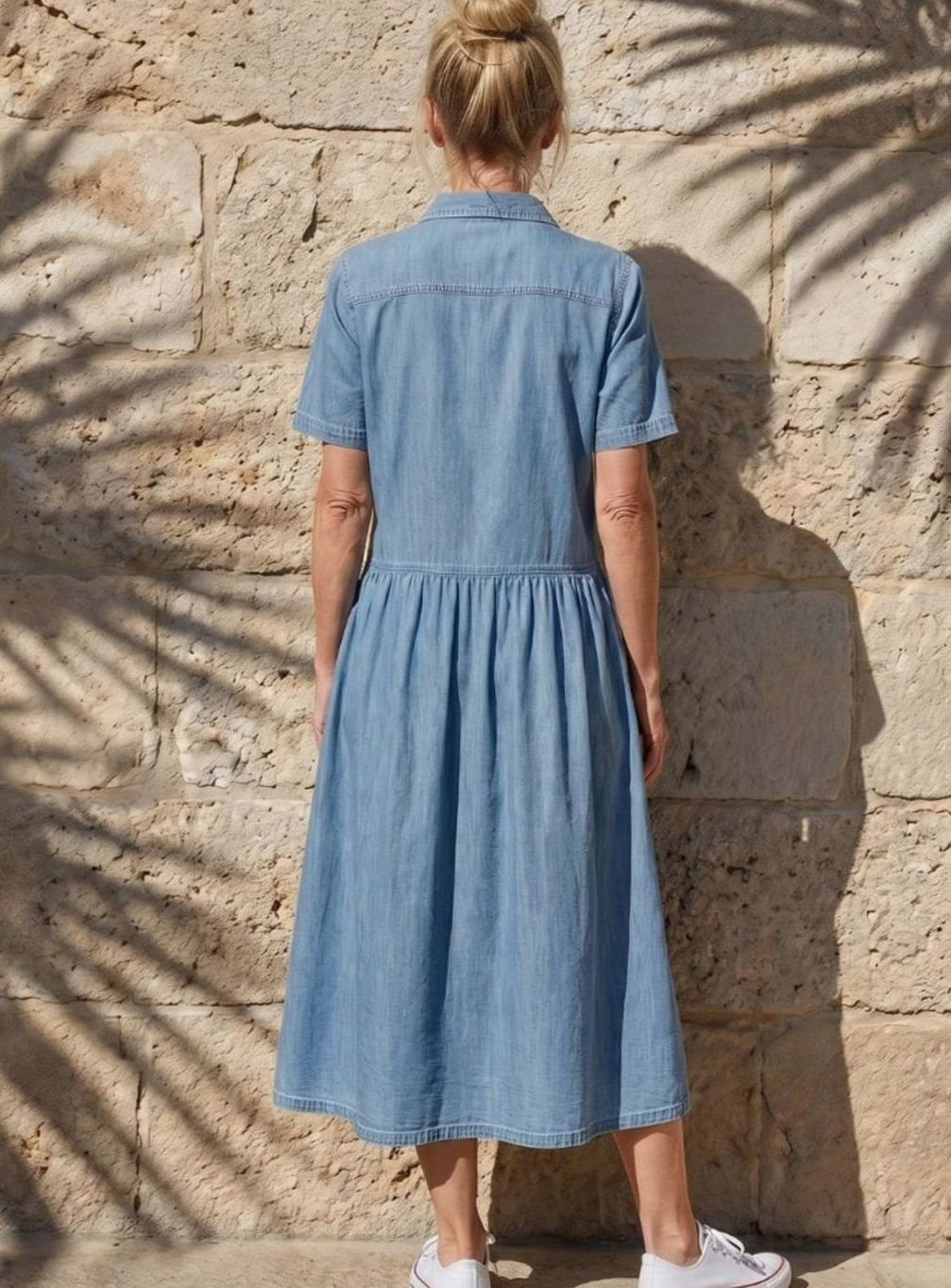 Women's Gathered-Waist Button-Through Denim Midi Shirt Dress, Light Blue