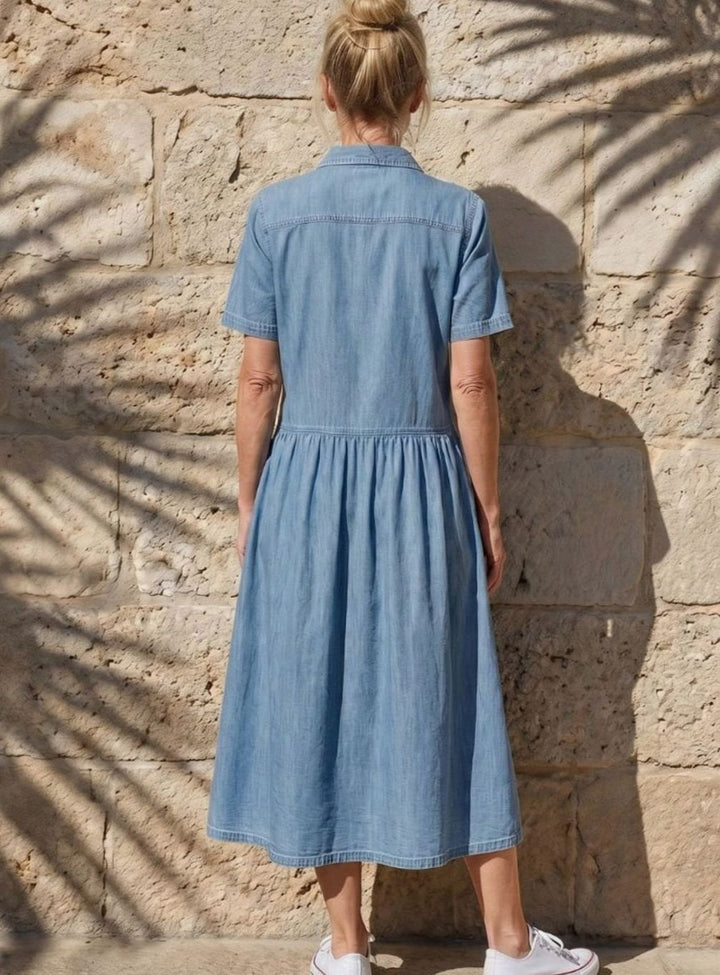 Women's Gathered-Waist Button-Through Denim Midi Shirt Dress, Light Blue