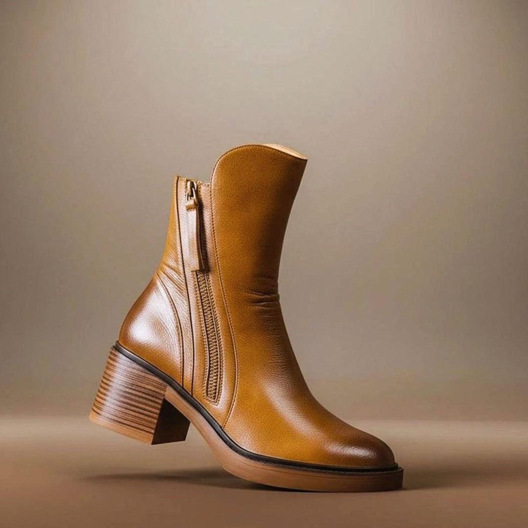 Women's Genuine Leather Block-Heel Side-Zip Ankle Boots - Cognac Brown