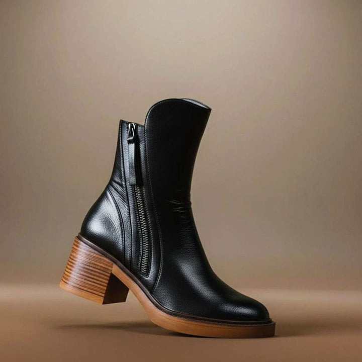 Women's Genuine Leather Block-Heel Side-Zip Ankle Boots - Midnight Black