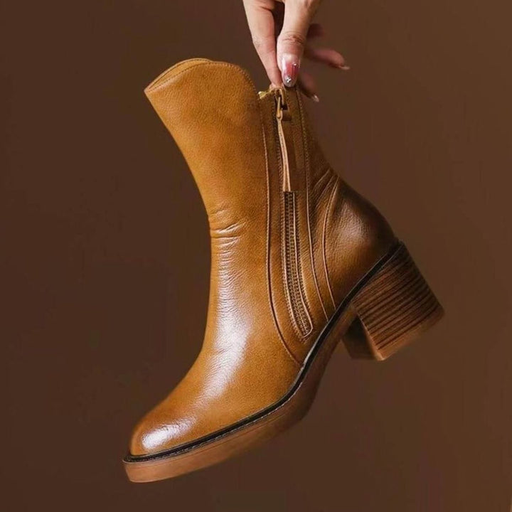 Women's Genuine Leather Block-Heel Side-Zip Ankle Boots