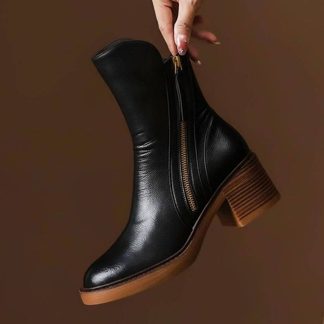 Women's Genuine Leather Block-Heel Side-Zip Ankle Boots