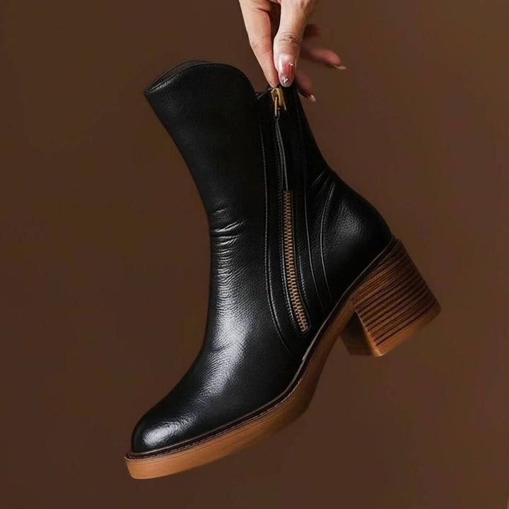 Women's Genuine Leather Block-Heel Side-Zip Ankle Boots
