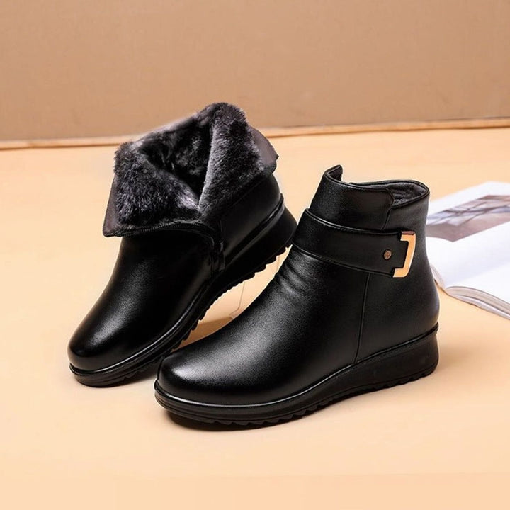 Women's Genuine Leather Fleece-Lined Orthopedic Ankle Boots - Black + Black Fleece