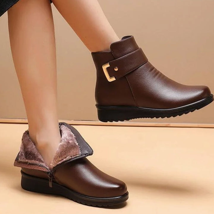 Women's Genuine Leather Fleece-Lined Orthopedic Ankle Boots - Brown + Brown Fleece