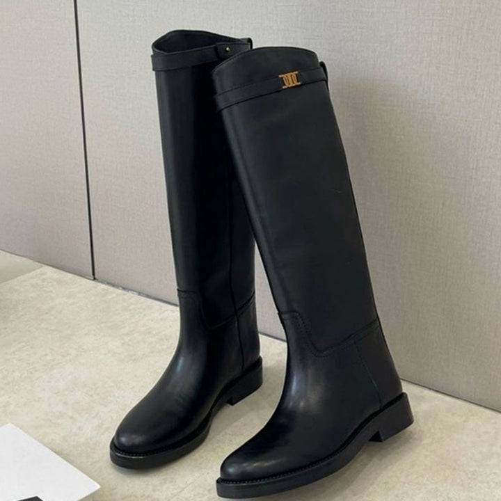 Women's Genuine Leather Knee-High Round Toe Riding Boots