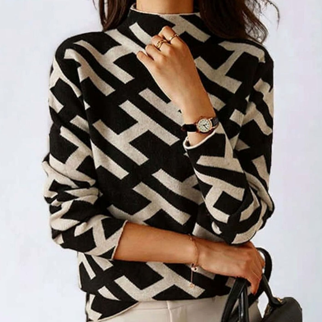 Women's Geometric Knit Long Sleeve Polo Neck Top