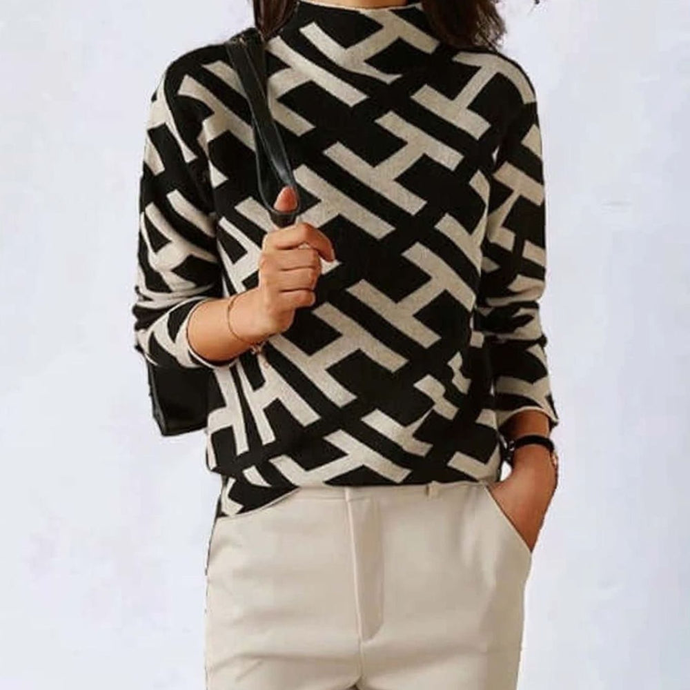 Women's Geometric Knit Long Sleeve Polo Neck Top