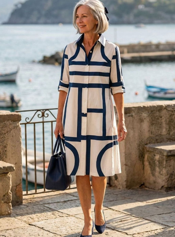 Women's Geometric Print A-Line Button-Front Shirt Dress