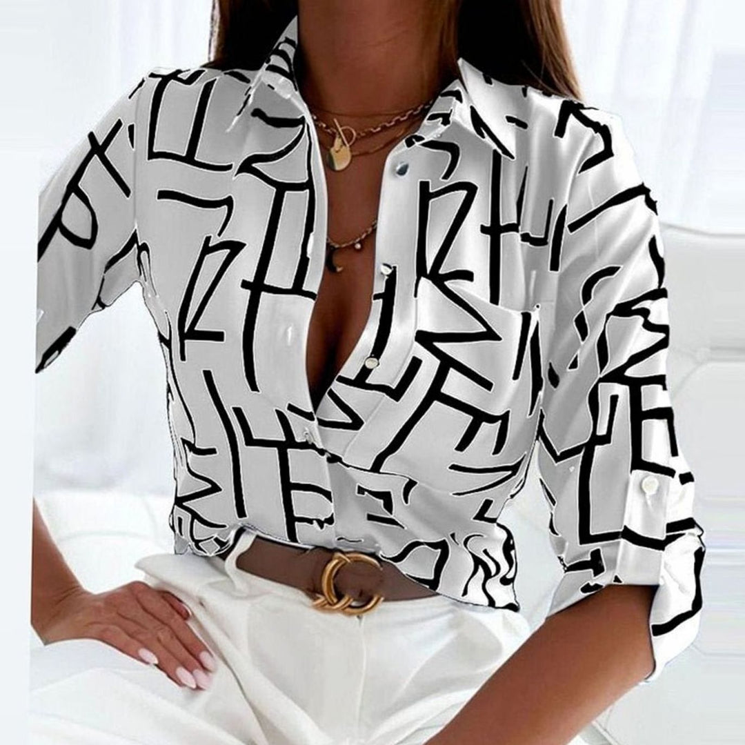 Women's Geometric Print Long Sleeve Button-Up Collared Blouse