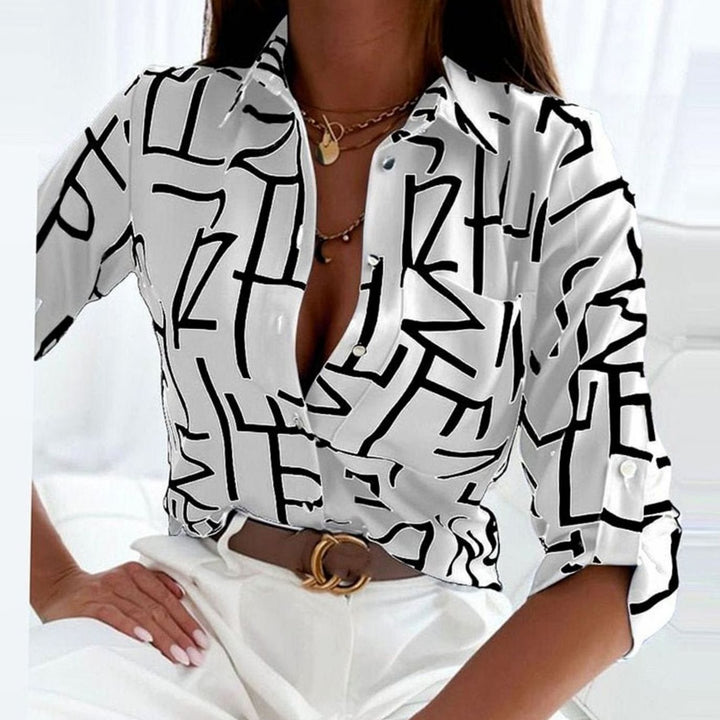 Women's Geometric Print Long Sleeve Button-Up Collared Blouse