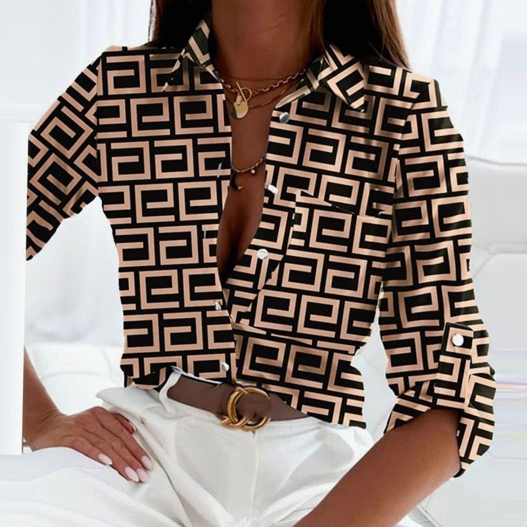 Women's Geometric Print Long Sleeve Button-Up Collared Blouse