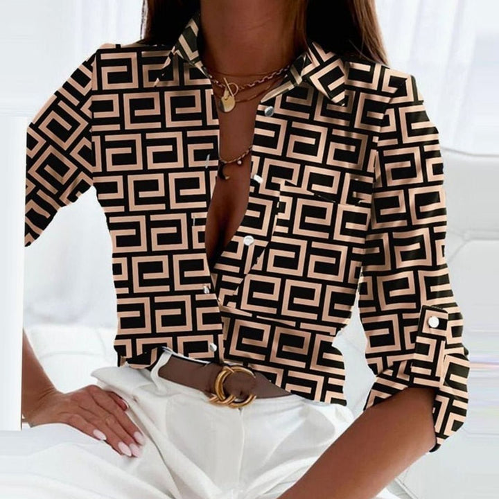 Women's Geometric Print Long Sleeve Button-Up Collared Blouse