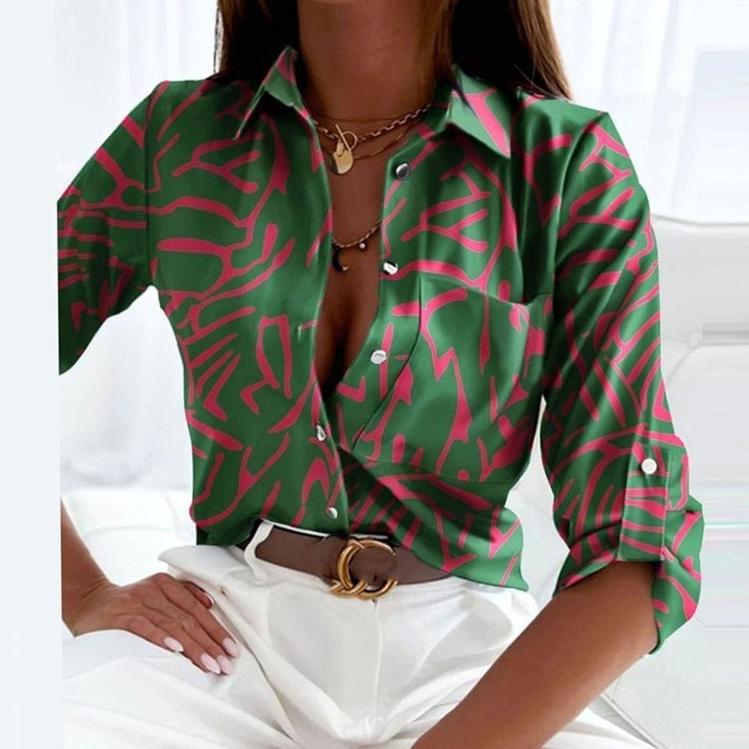 Women's Geometric Print Long Sleeve Button-Up Collared Blouse