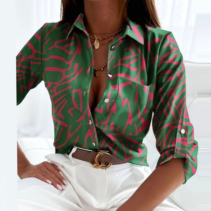 Women's Geometric Print Long Sleeve Button-Up Collared Blouse