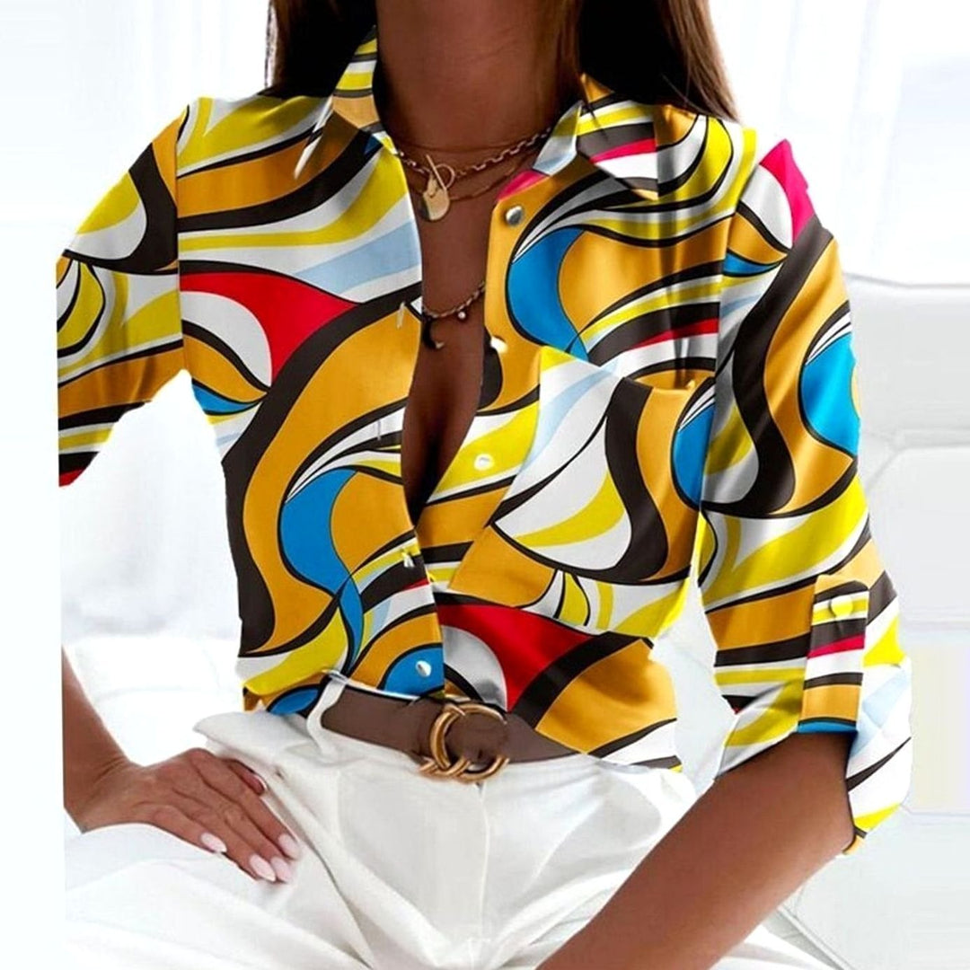 Women's Geometric Print Long Sleeve Button-Up Collared Blouse