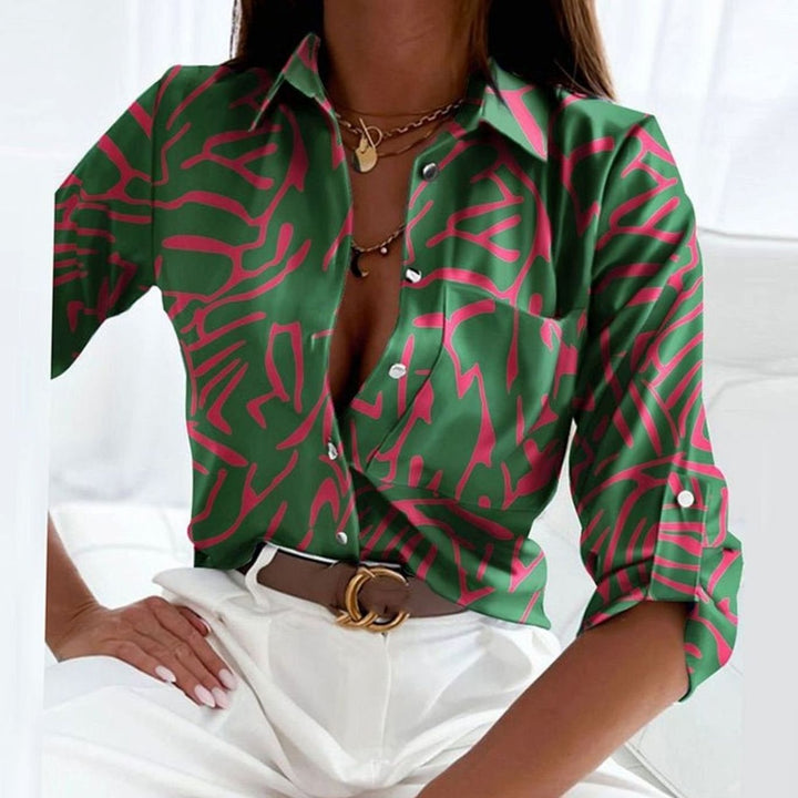 Women's Geometric Print Long Sleeve Button-Up Collared Blouse