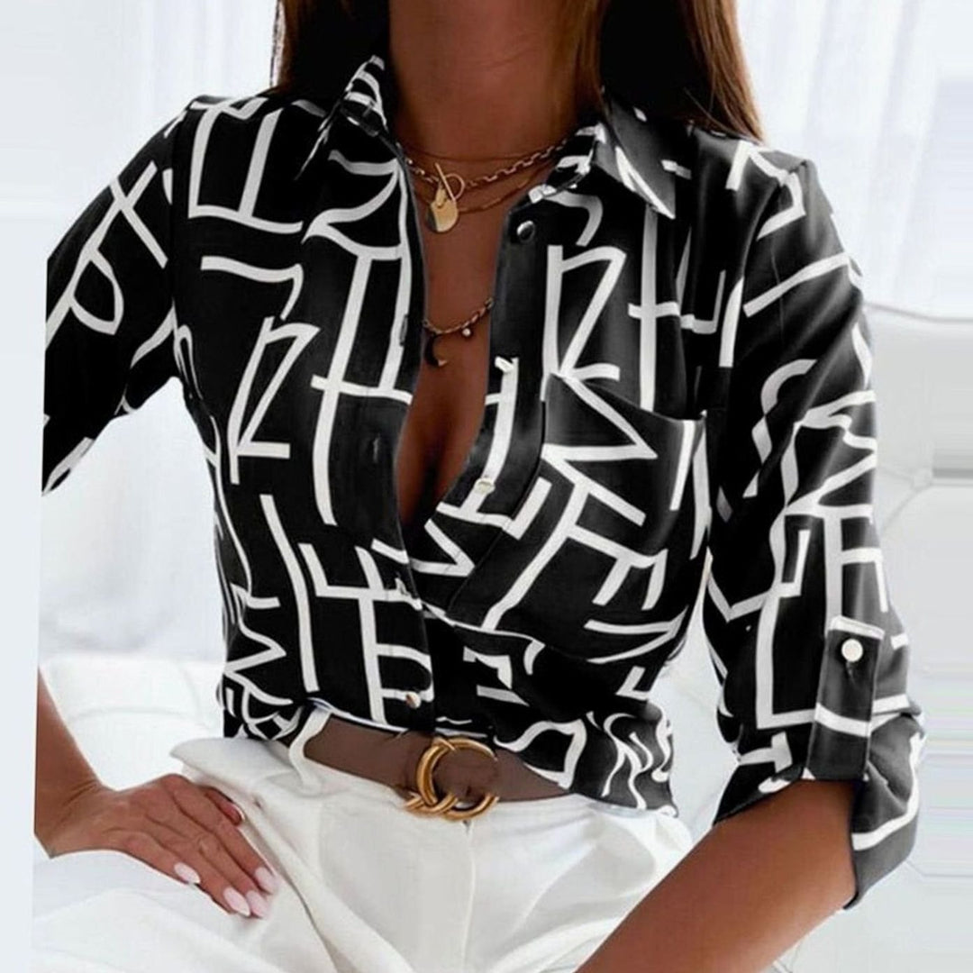 Women's Geometric Print Long Sleeve Button-Up Collared Blouse