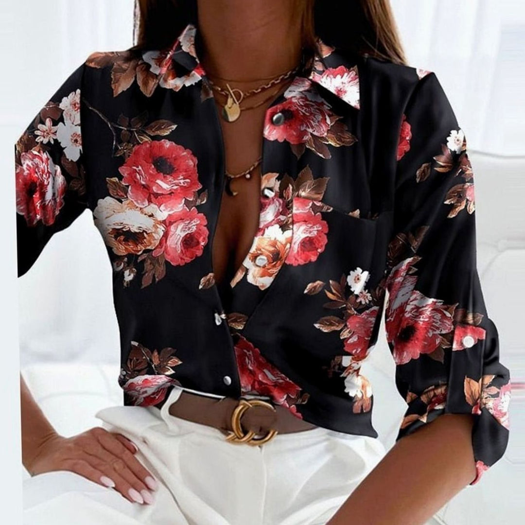 Women's Geometric Print Long Sleeve Button-Up Collared Blouse