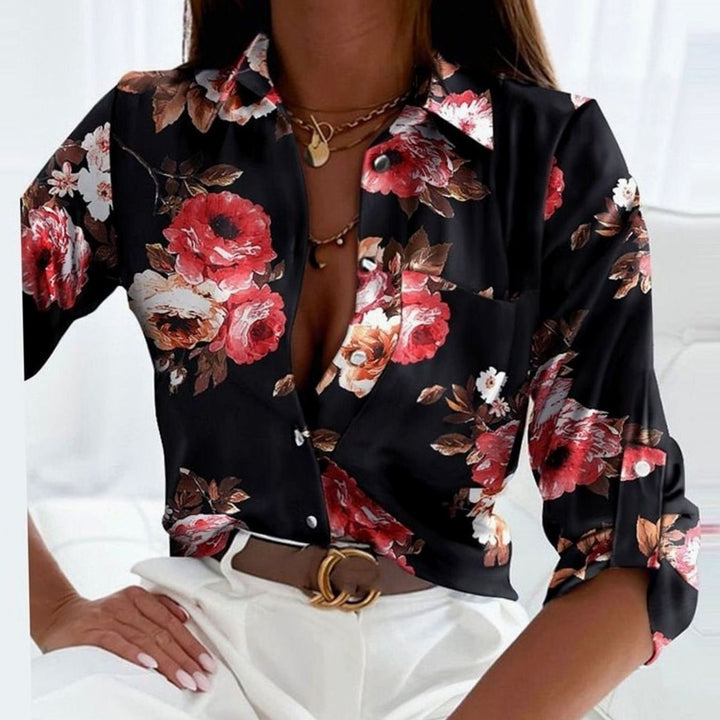 Women's Geometric Print Long Sleeve Button-Up Collared Blouse