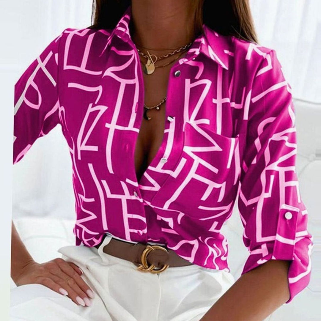 Women's Geometric Print Long Sleeve Button-Up Collared Blouse