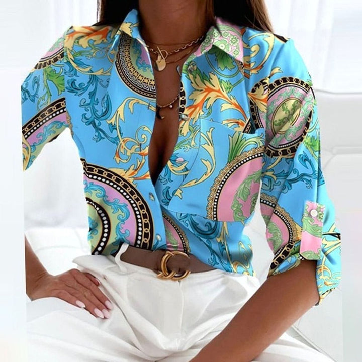 Women's Geometric Print Long Sleeve Button-Up Collared Blouse