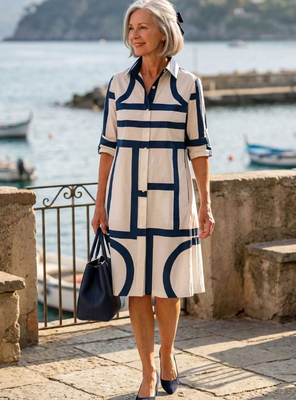 Women's Geometric Print Relaxed A-Line Button-Front Shirt Dress