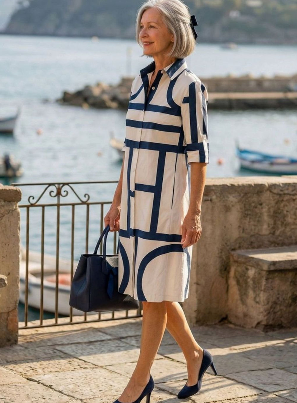 Women's Geometric Print Relaxed A-Line Button-Front Shirt Dress