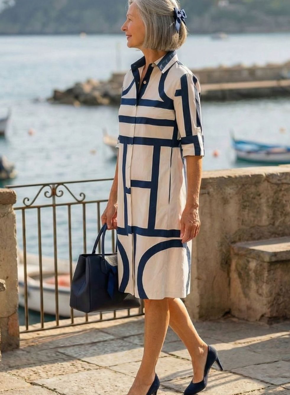 Women's Geometric Print Relaxed A-Line Button-Front Shirt Dress