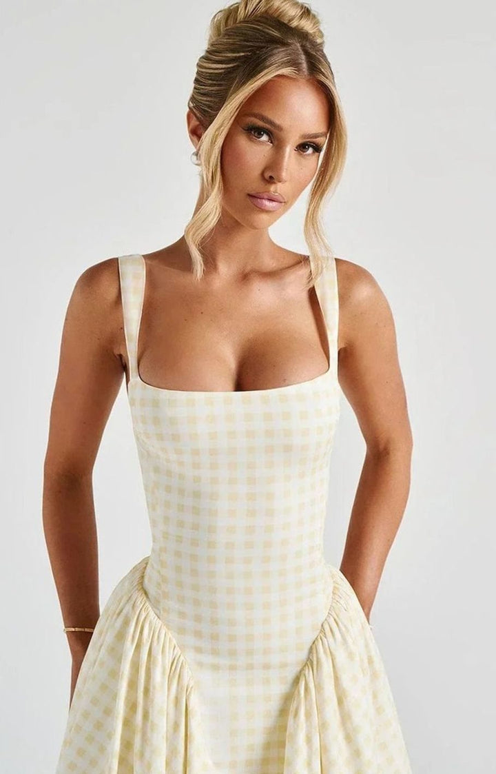Women's Gingham Square-Neck Flared Midi Dress Pockets