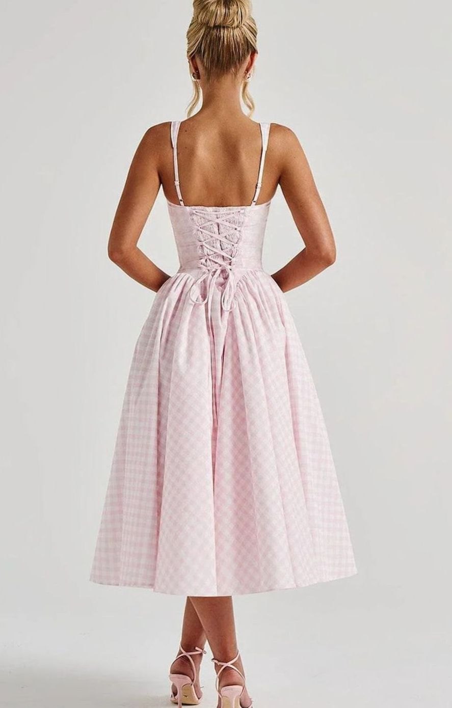 Women's Gingham Square-Neck Flared Midi Dress Pockets