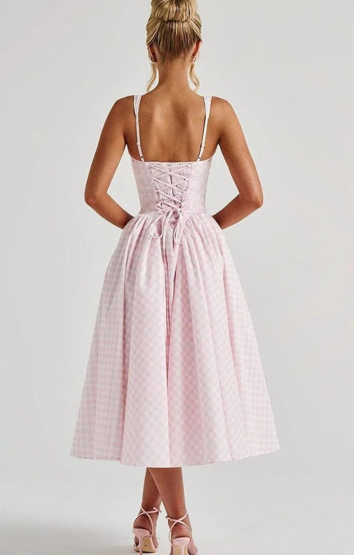 Women's Gingham Square-Neck Flared Midi Dress Pockets