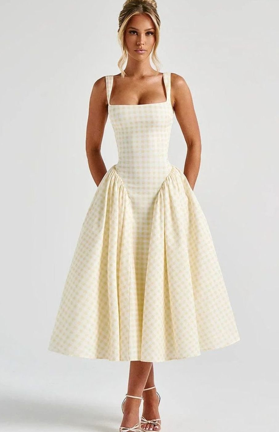 Women's Gingham Square-Neck Flared Midi Dress Pockets
