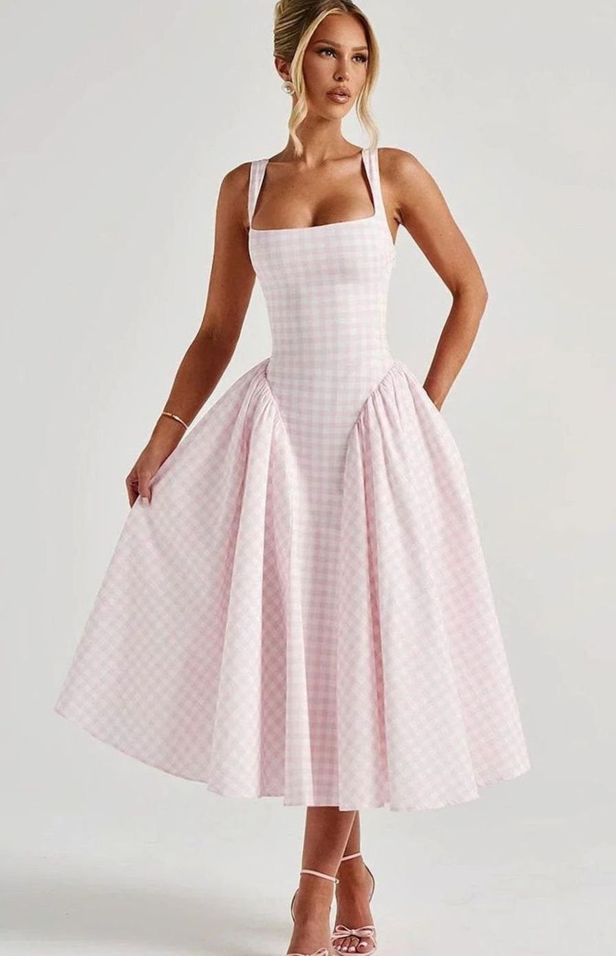 Women's Gingham Square-Neck Flared Midi Dress Pockets
