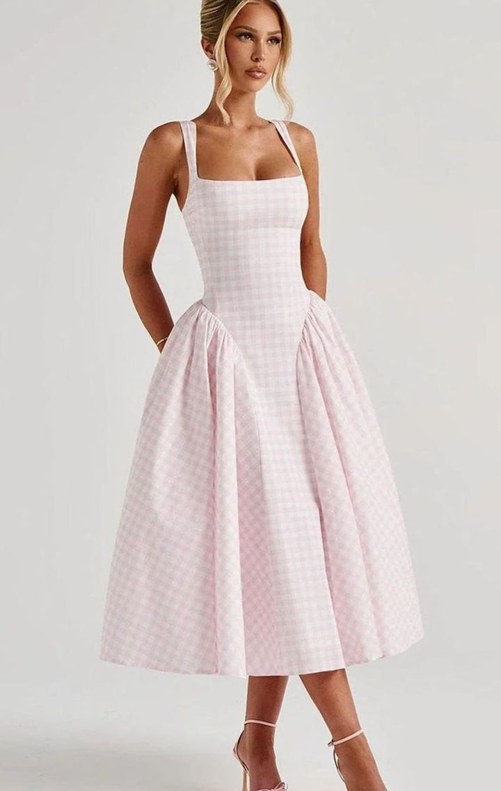 Women's Gingham Square-Neck Flared Midi Dress Pockets, Pink
