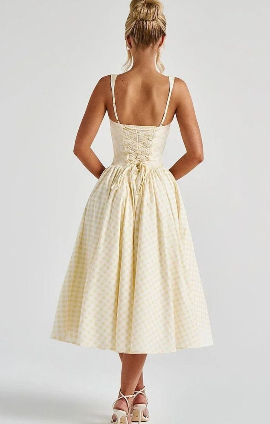 Women's Gingham Square-Neck Flared Midi Dress Pockets, Pink