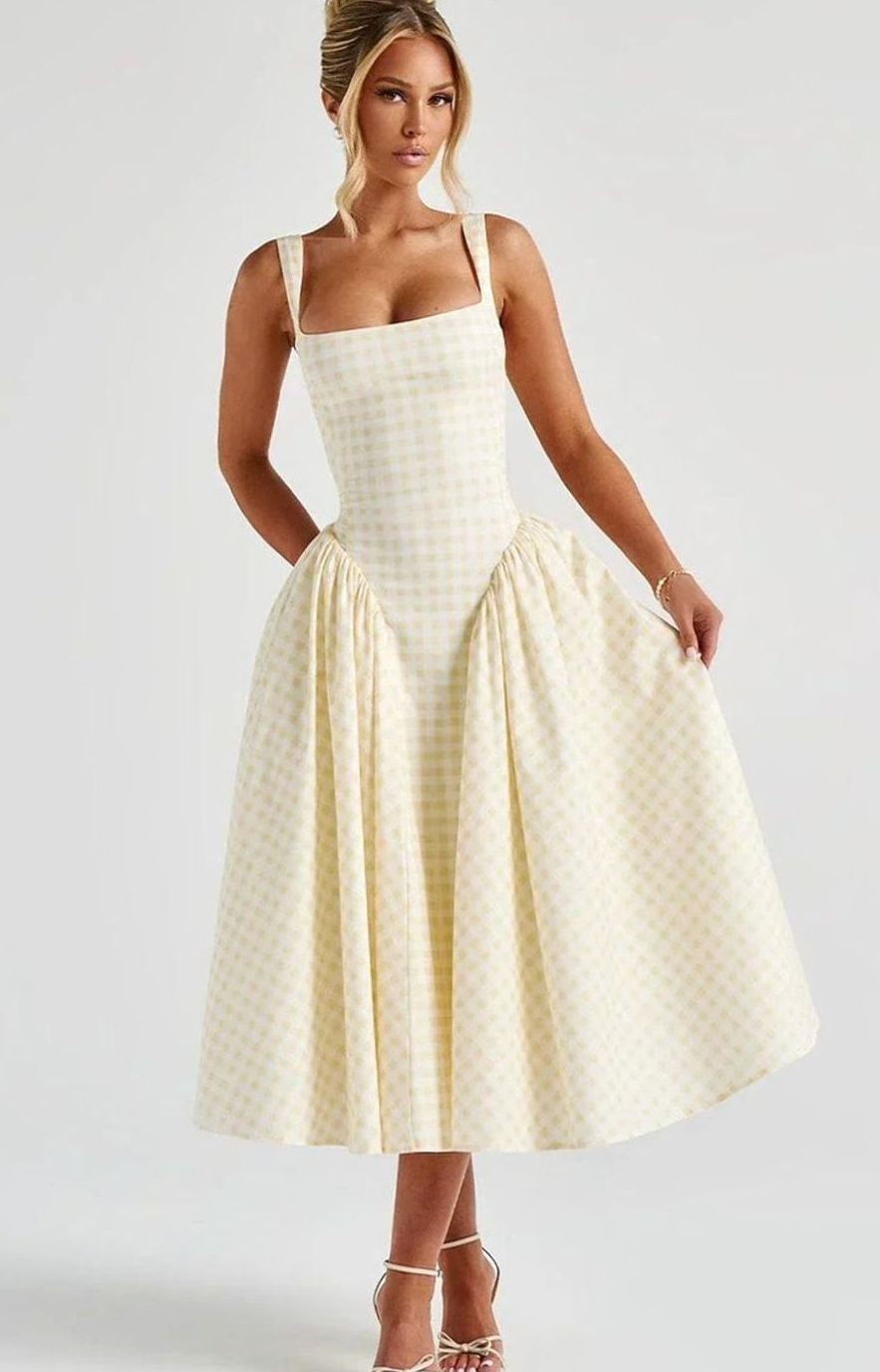 Women's Gingham Square-Neck Flared Midi Dress Pockets, Pink