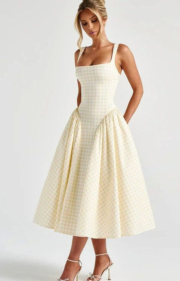 Women's Gingham Square-Neck Flared Midi Dress Pockets, Pink