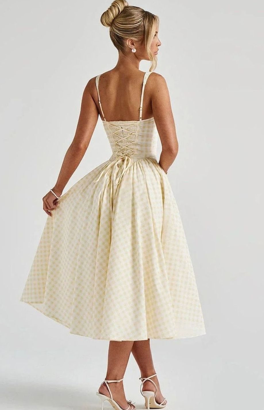 Women's Gingham Square-Neck Flared Midi Dress Pockets, Pink