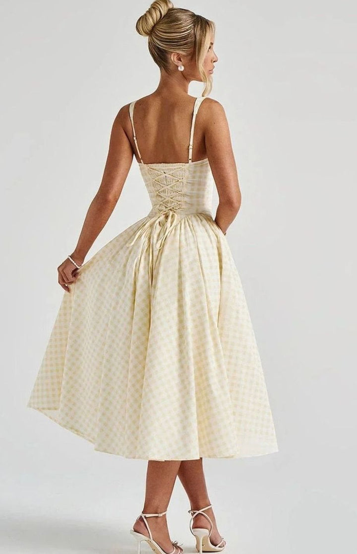 Women's Gingham Square-Neck Flared Midi Dress Pockets, Pink