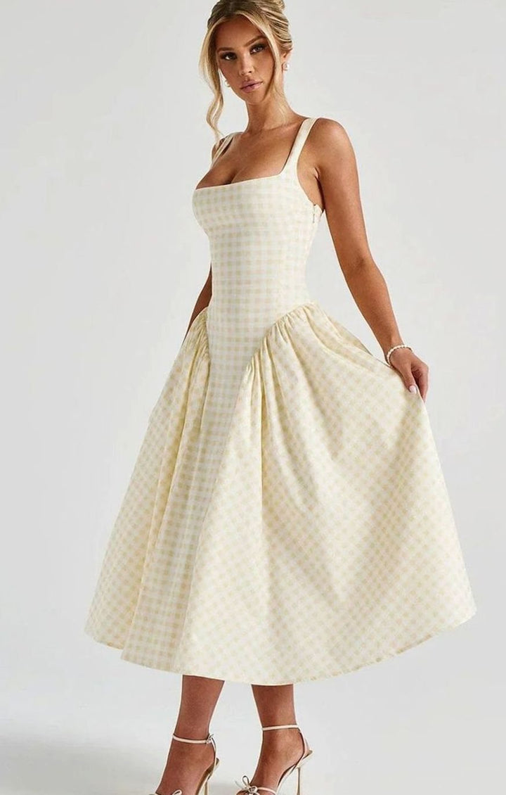 Women's Gingham Square-Neck Flared Midi Dress Pockets, Pink