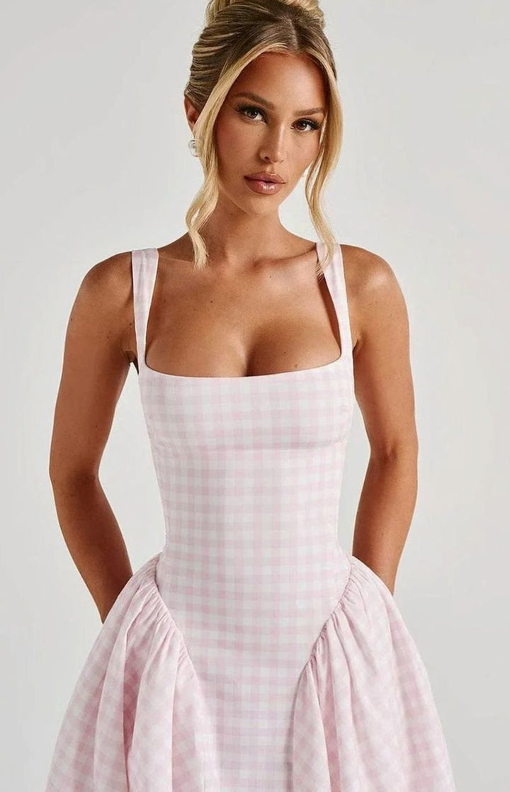 Women's Gingham Square-Neck Flared Midi Dress Pockets, Pink