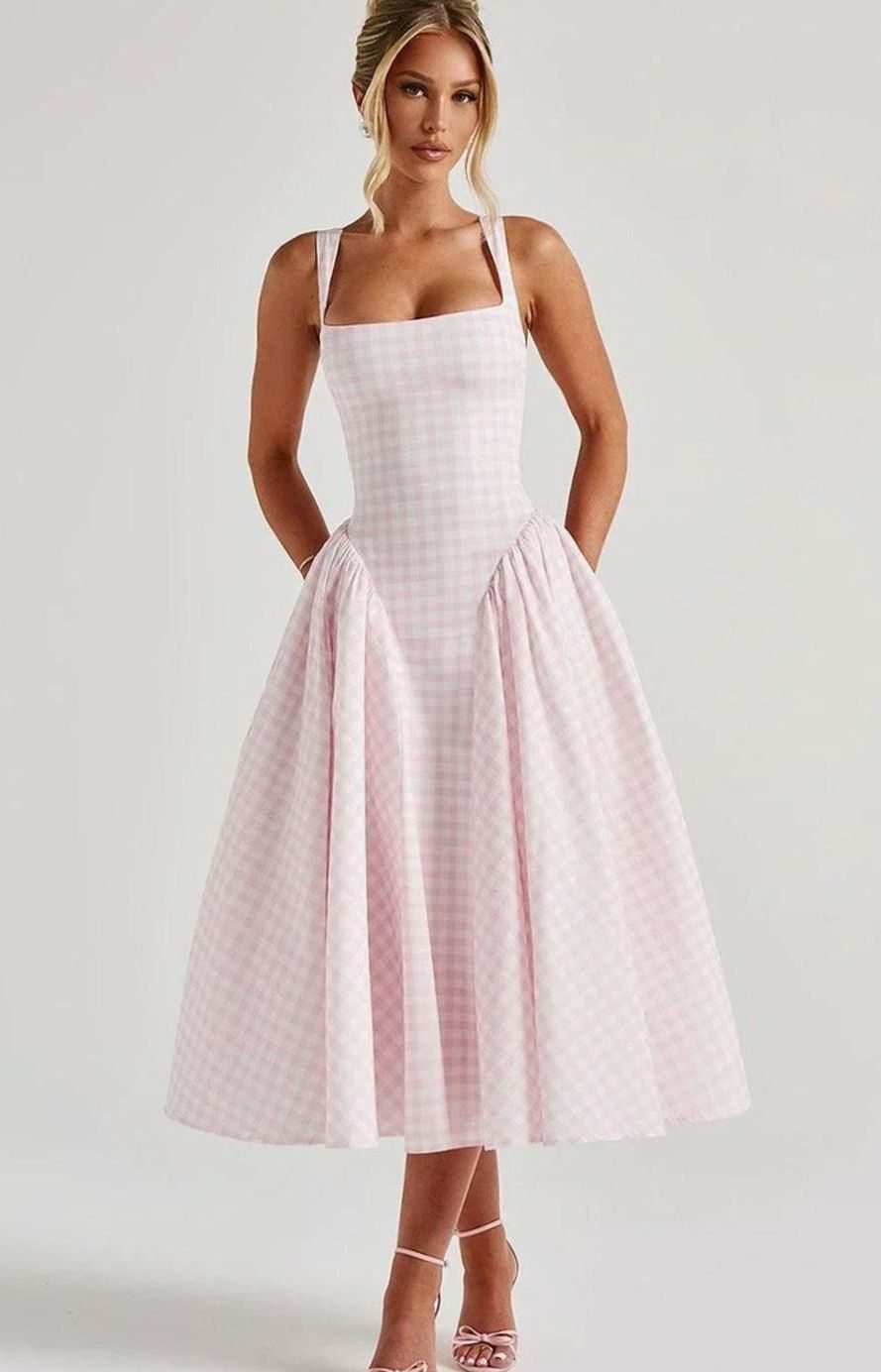 Women's Gingham Square-Neck Flared Midi Dress Pockets, Pink