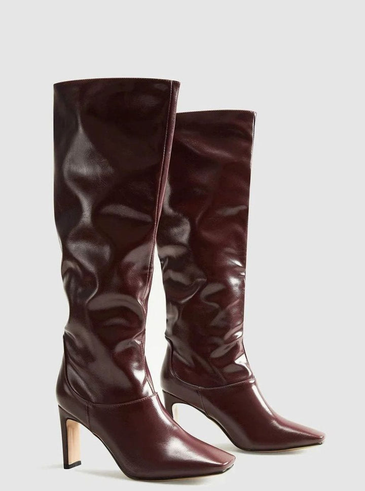 Women's Glossy Faux-Leather Stiletto Knee-High Square-Toe Boots