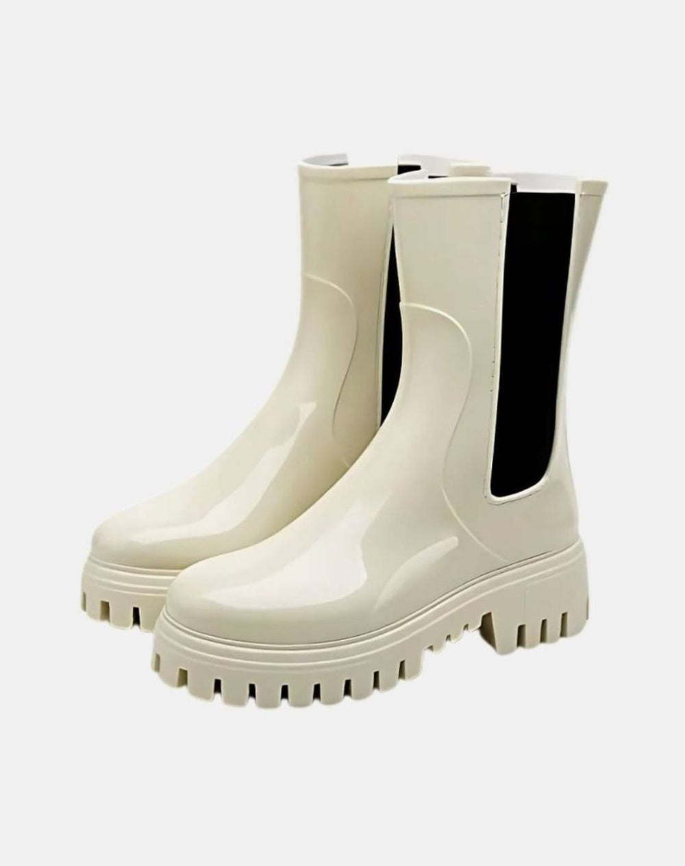 Women's Glossy PVC Chelsea Lug-Sole Rain Boots - Beige