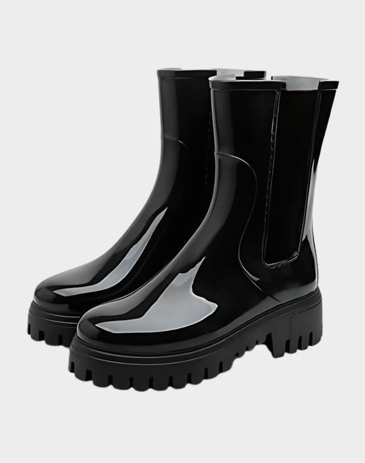 Women's Glossy PVC Chelsea Lug-Sole Rain Boots - Black