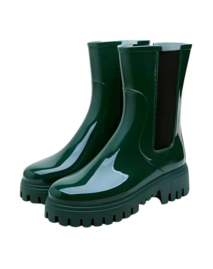 Women's Glossy PVC Chelsea Lug-Sole Rain Boots - Green