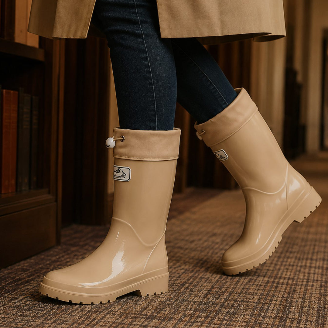 Women's Glossy Rubber Drawstring Cuff Waterproof Rain Boots - Beige
