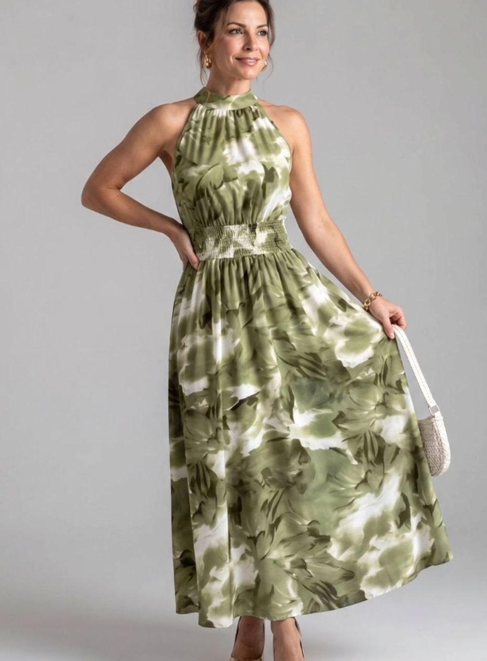 Women's Halter Neck Abstract Print Smocked Waist Midi Dress